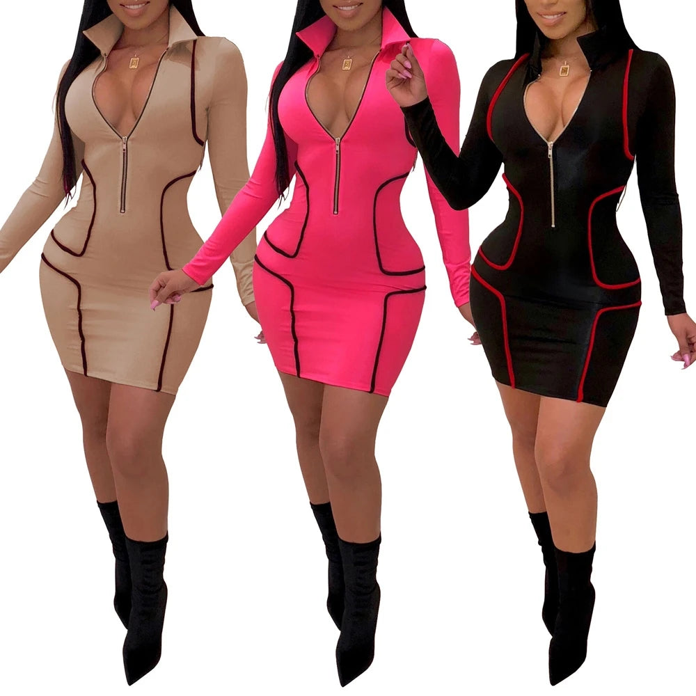 Zipper Stand Collar V Neck Long Sleeve Bodycon Dress Women Fashion Casual Dress Sheath Mini Club Party Dresses Outfits