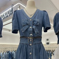 Summer new bubble sleeve v neck denim dress women slim waist denim A line dress bow zip