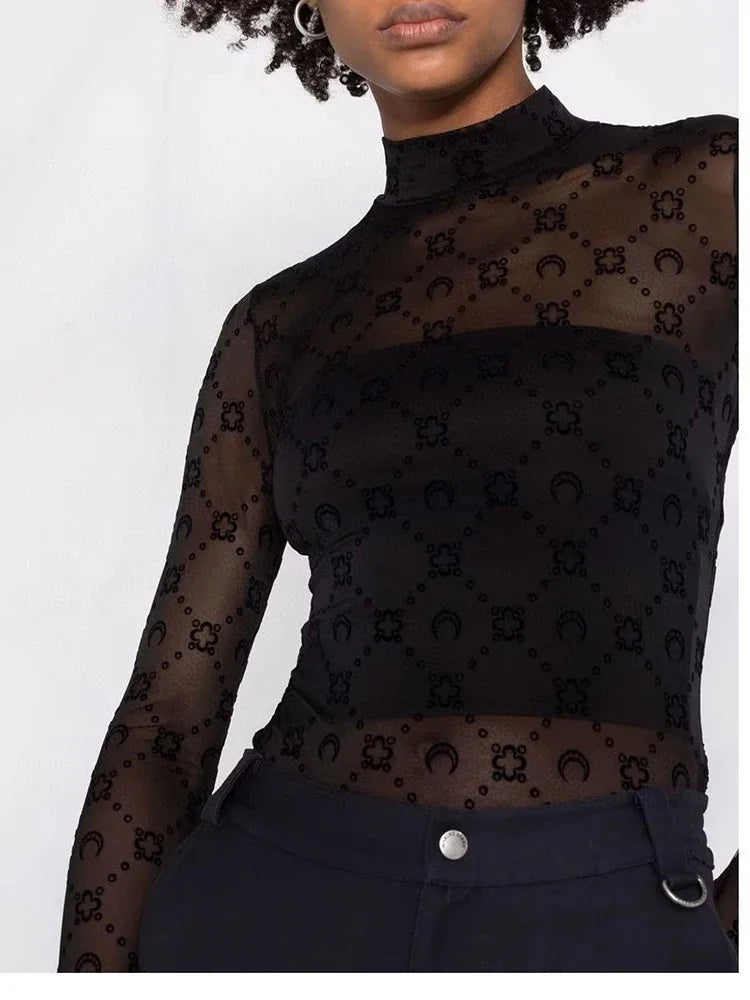 Spring Fashion and Sexy Perspective Women's Pullover Mesh T-Shirt New Semi High Neck Long Sleeved Slim Fit Elastic Women T-Shirt