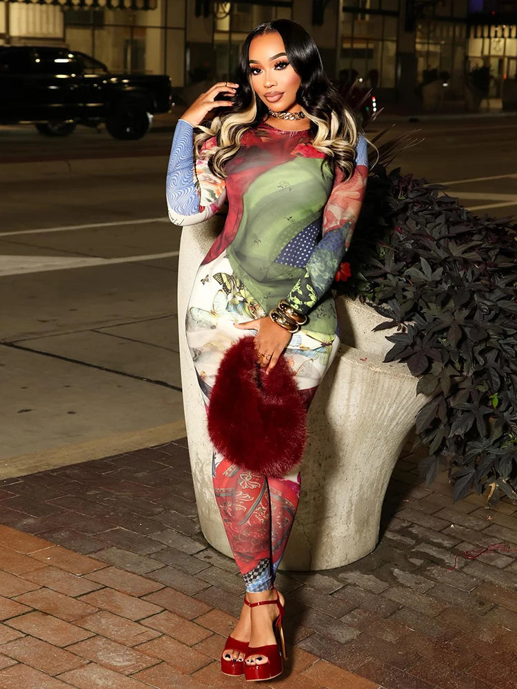 Kliou Colorful Print Jumpsuits Woman Autumn Trend o-Neck Full Sleeve Skinny Peach Hip Hot Girls Street Sexy Fashion Overalls