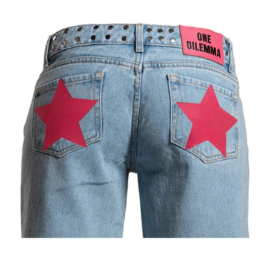 ONE DILEMMA American Fashion Jeans Womens Red Five Pointed Star Sequined Rivet Baggy Jeans Y2K Casual Mid Rise Slim Trousers