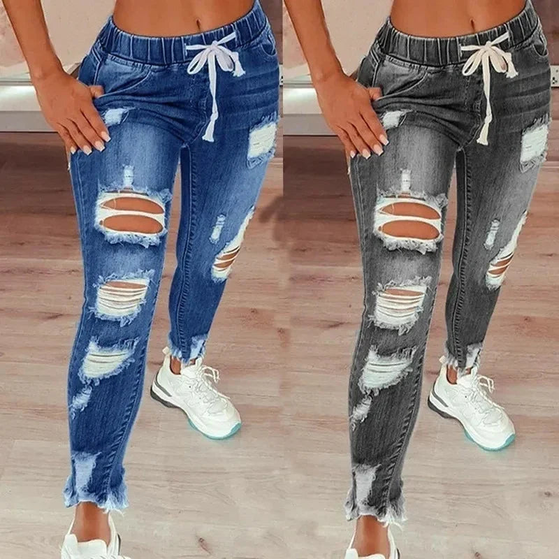 Fashion Vintage Blue Ripped Jeans Women Elastic Waist Drawstring Pencil Denim Jeans Office Lady Holes High Waist Trousers