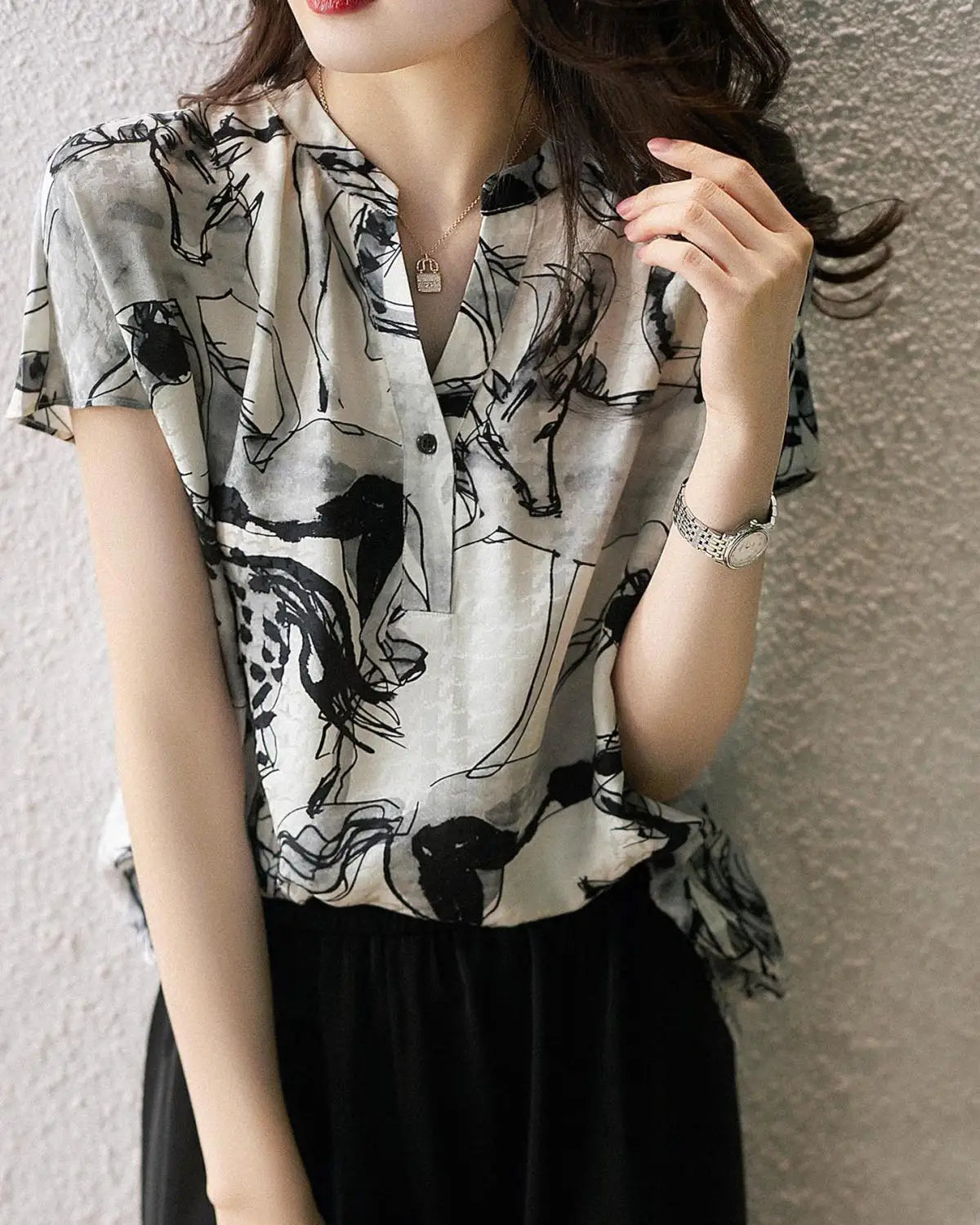 Spring and Autumn Shirts & Blouses for Women with Print Chiffon Short Sleeve Tunic 2025 Pretty S New Woman Top Korea Stylish Xl