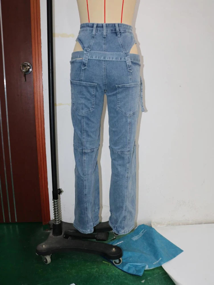 Women Sexy Belt Cut Out Jeans Fashion Streetwear Blue Washed Denim Pants 2025 Fall Winter High Waist Straight Leg Jean Trousers