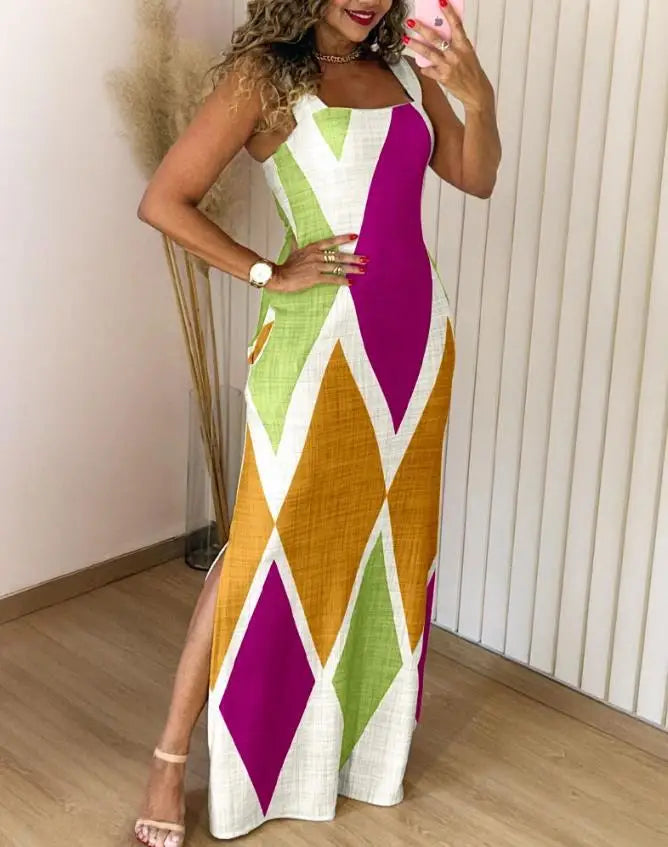 Boho Womens Summer Dress Retro Print Casual Slim Slit Square Neck Sleeveless Strappy Elegant  Tank Dresses For Women Robe