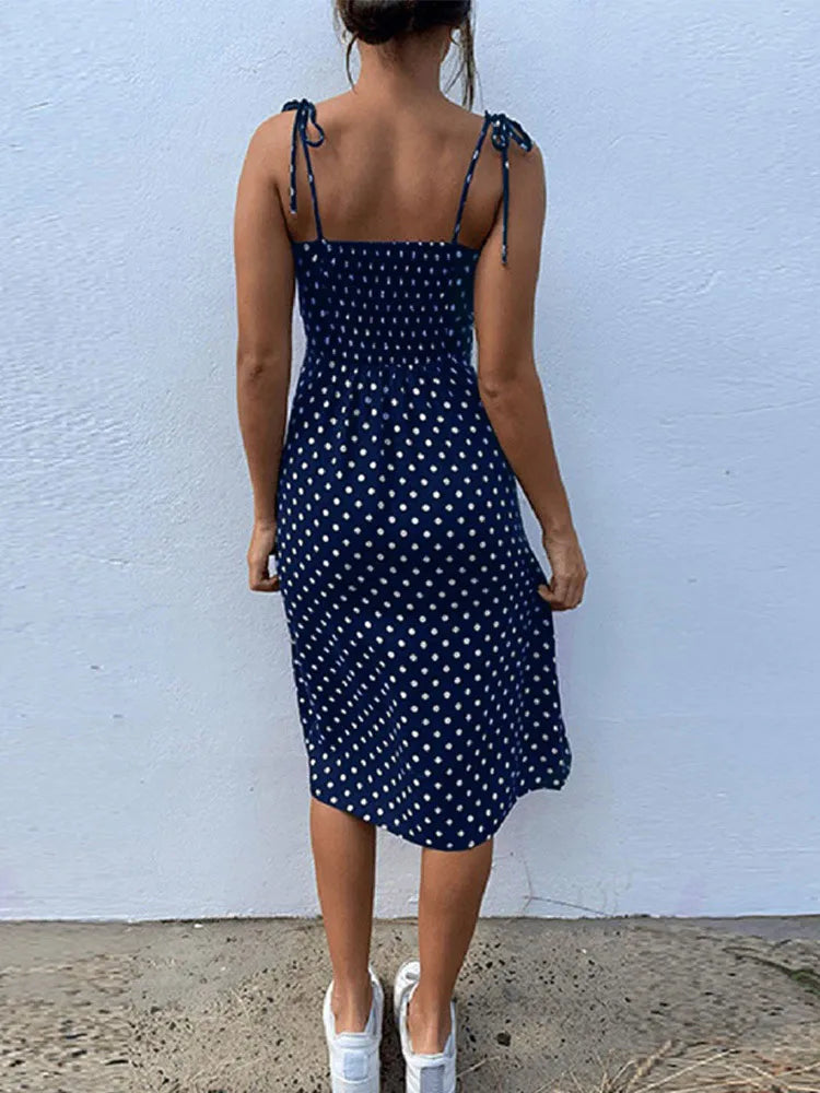 Dresses Sundress Summer Women Causal Polka Dot Sleeveless High Pleated elastic waist V-Neck Beach Dress Vestidos De Verano