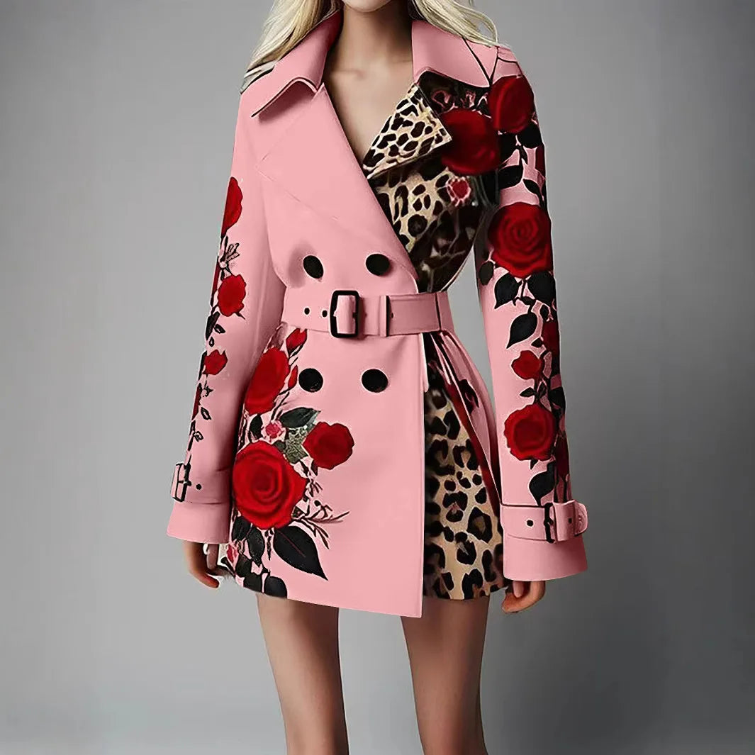 Women New Long Sleeve Floral Flower Printed Office Coat Double Button Belt Lapel Collar High Waist Jacket