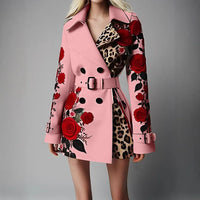 Women New Long Sleeve Floral Flower Printed Office Coat Double Button Belt Lapel Collar High Waist Jacket