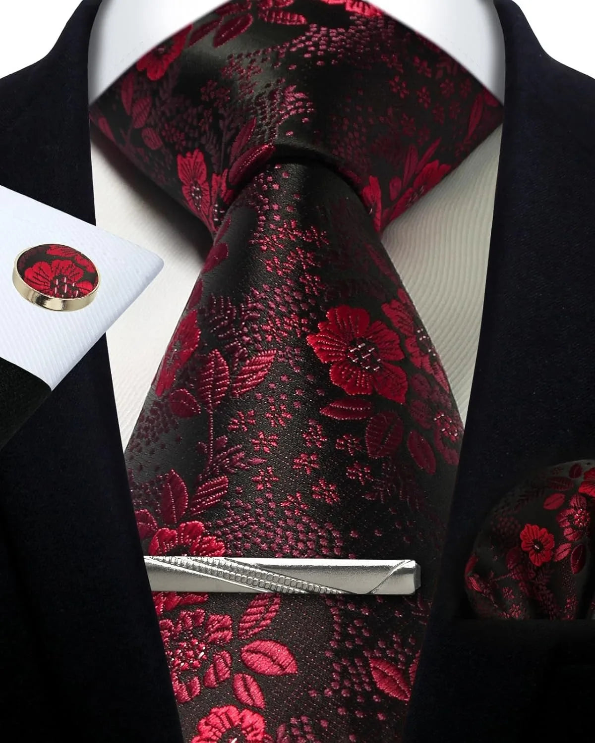 Mens Tie Set Silk Silver Paisley Floral Necktie and Pocket Square Cufflinks Tie Clip Classic Formal Ties for Men Wedding Party