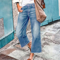 Wide-Leg Jeans For Women Washed Blue With Raw Edges Loose Fit Retro Trousers Lazy Style Trendy Trousers Daily Casual Wear