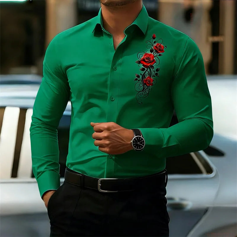 Men's long-sleeved shirt, featuring a vintage red rose print design.  A stylish business casual shirt and fashionable men's top.