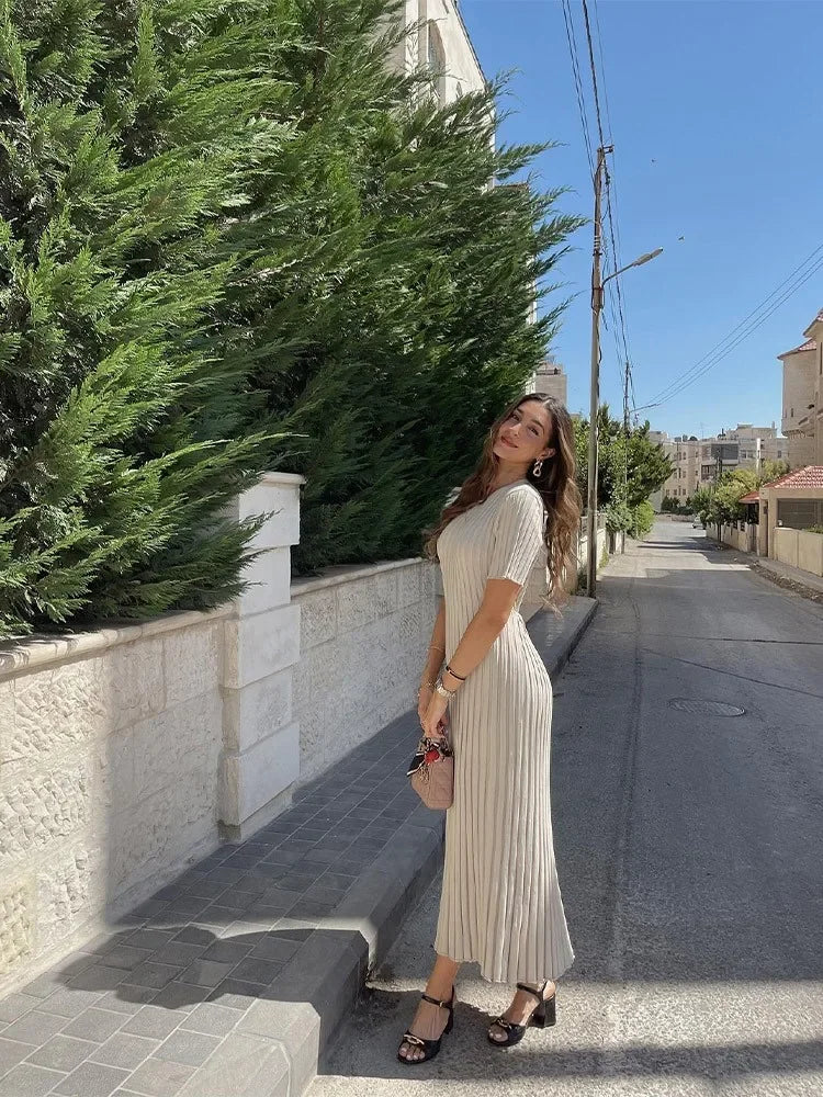 Elegant Solid Ribbed Knitted Maxi Dress Women O-neck Short Elegant Solid Ribbed Knitted Maxi Dress Women O-neck Short