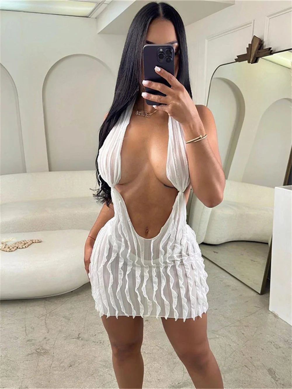 Wavy Sexy Women Short Dress Halter Backless Deep V Neck Skinny Coquette 2023 Hot Girl Midnight Party Clubwear Bodycon