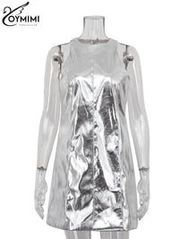 Oymimi Sexy Slim Sliver Pu Leather Dress Ladies Bodycon O-Neck Sleeveless Dress Elegant Classicc Party Dresses For Women 2023