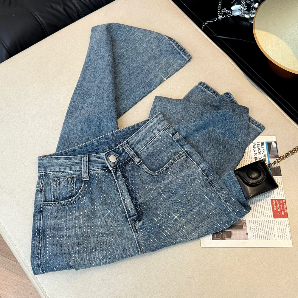 Women's Jeans Spring Retro Washed Diamond-encrusted Design Sense High-waisted Straight-leg Pants Loose Wide-leg Mopping Pants