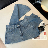 Women's Jeans Spring Retro Washed Diamond-encrusted Design Sense High-waisted Straight-leg Pants Loose Wide-leg Mopping Pants