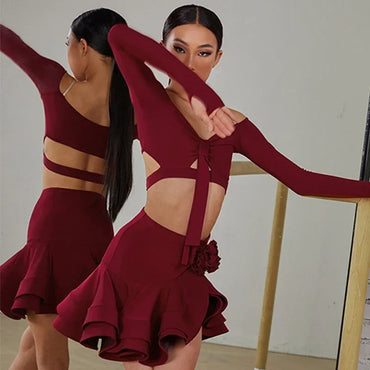 Latin Dance set Clothes Girls Long SLeeves Short Top Skirt Cha cha samba Performance Competition Dress Burgundy Black Dress Kids