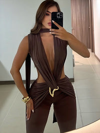 Nibber Metal Trim Jumpsuit Women Ruched Sexy Waistless Cross Hollow Bandage Coquette Midnight Workout Hipster Stretch Overalls