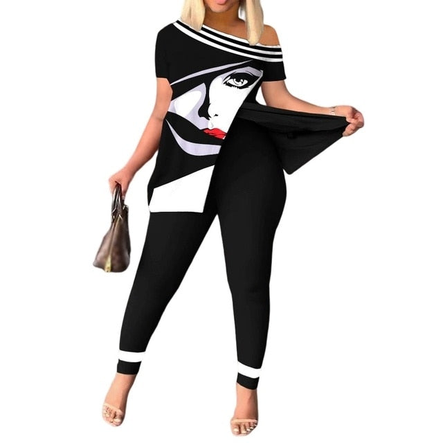 Women's Summer Fashion Geometric Print Short Sleeve Suit Set Femme Casual Sporty 2Pcs Set One-Shoulder Split Hem Tops &Pants Set