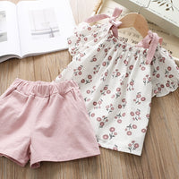 Casual Girls Clothing Sets Summer Kids Clothing Sets Sleeveless Floral T-shirt Shorts Pants 2Pcs Suit Bow Children Girl Suit