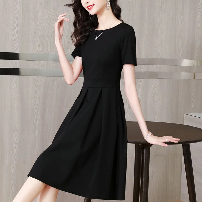 Elegant O-Neck Solid Color Spliced Loose Folds Mini Dress Women's Clothing 2023 Autumn New Oversized Office Lady Princess Dress