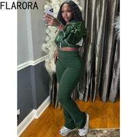 FLARORA Fashion Stripe Patchwork 2 Pcs Sets Woman Long Sleeve Zip Crop Jackets And Flare Pants Outfits Casual Street Tracksuits
