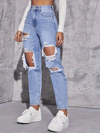 American Retro Hole-punched Jeans Women High Waist Straight-crotch Loose Slim Design High-street Vibe Wide-legged Dragging Pants