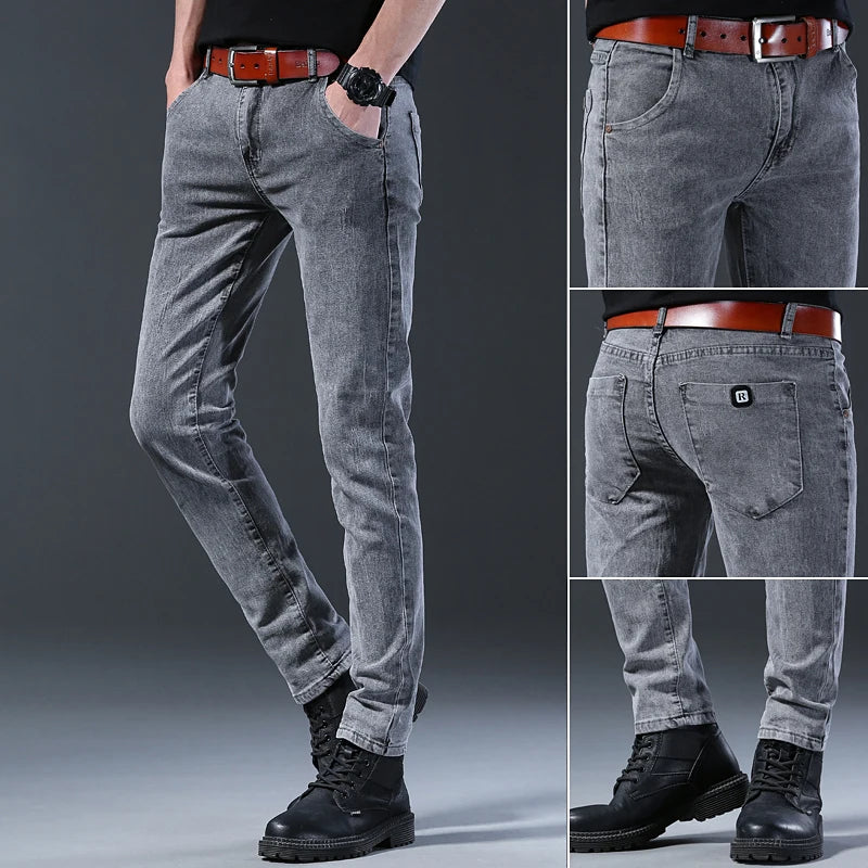 New style jeans, men's slim fit, Korean style comfortable straight leg elastic gray mid waist pants, men's casual denim pants