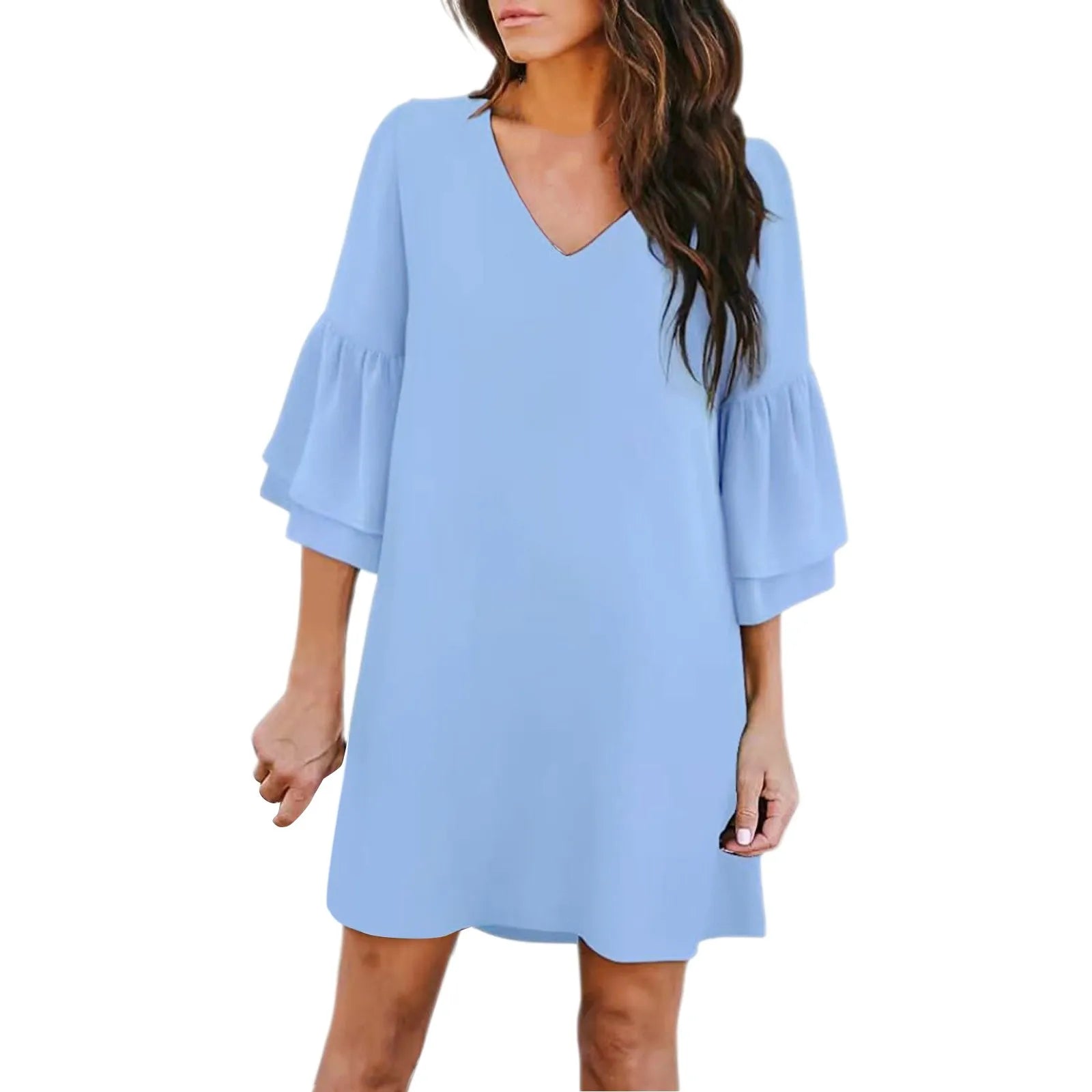 Women Fashion Flared Sleeve Dress Loose Casual Solid Color V Neck Five Quarter Sleeve Mini Dress Female Spring Autumn Clothes