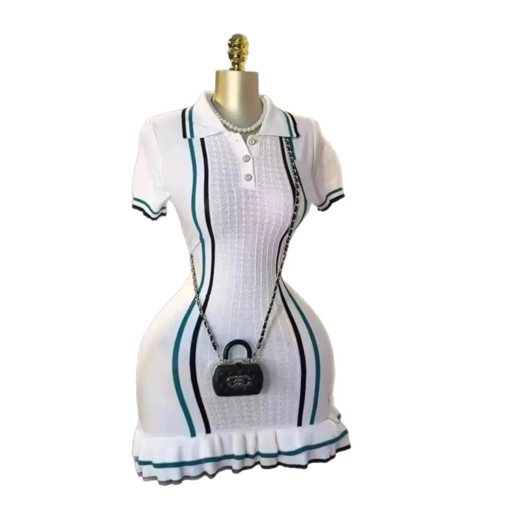 Fashion Sexy Package Hips Knitted Mini Dress 2025 Summer Vintage Turn-down Collar Ruffled Party Dresses For Women Streetrwear