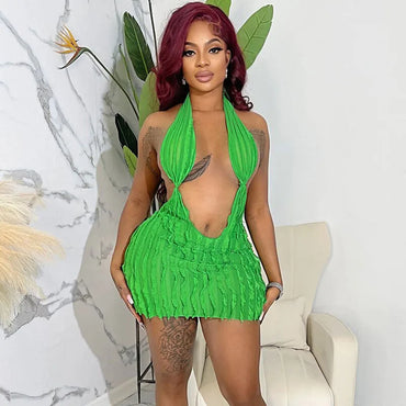 Sexy Wave Ruffles Mesh Birthday Dress for Women Backless Halter Deep V-neck Sleeveless Night Club Mini Party Dresses Vestidos