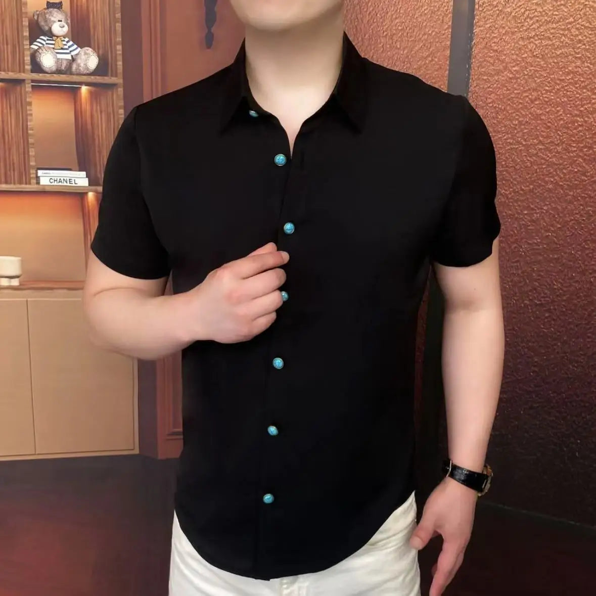 British Style Short Sleeved Shirt for Men Personalized Button Design Casual Business Shirt Slim Social Streetwear Men Clothing
