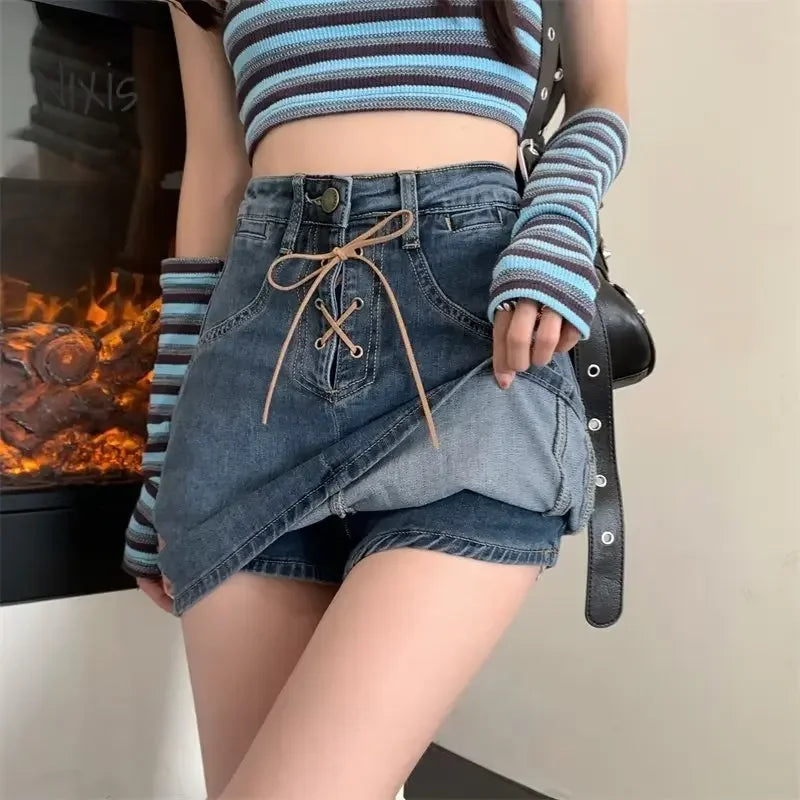 Women Denim Shorts Skirt Harajuku Vintage Elasticity Bandage High Waist Jeans Skirt Fashion Bottoms Streetwear Y2K Clothes