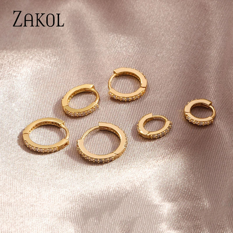 ZAKOL Fashion Round CZ Small Circle Hoop Earrings for Women Gold Color Ear Piercing Jewelry