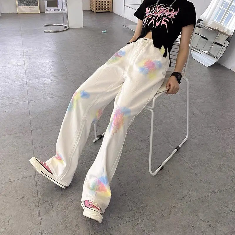 Baggy Jeans Y2k Wide Jeans for Women Trend Tie Dye Straight Printed Women's Summer Trousers Vintage Hippie Denim Pants Patchwork