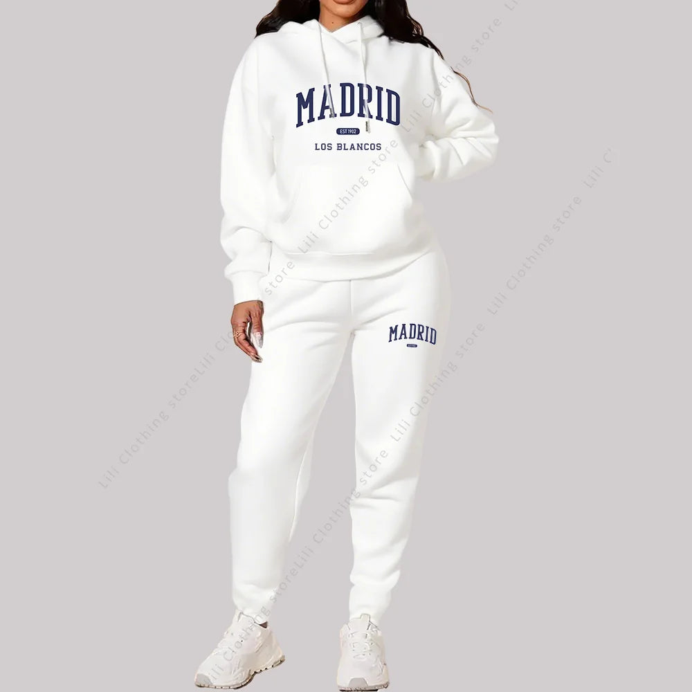 New Ladies TrackSuit Autumn Winter Hoodies Sweatshirts Sweatpants 2 Piece Outfits Madrid Print Trend Sportwear Women Pants Sets