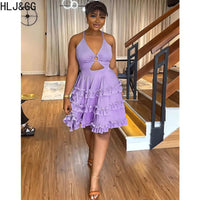 HLJ&GG Summer Solid Color Ruffles Elegant Dresses Women Halter Off Shoulder Aline Knee Dress Fashion Female Party Club Clothing