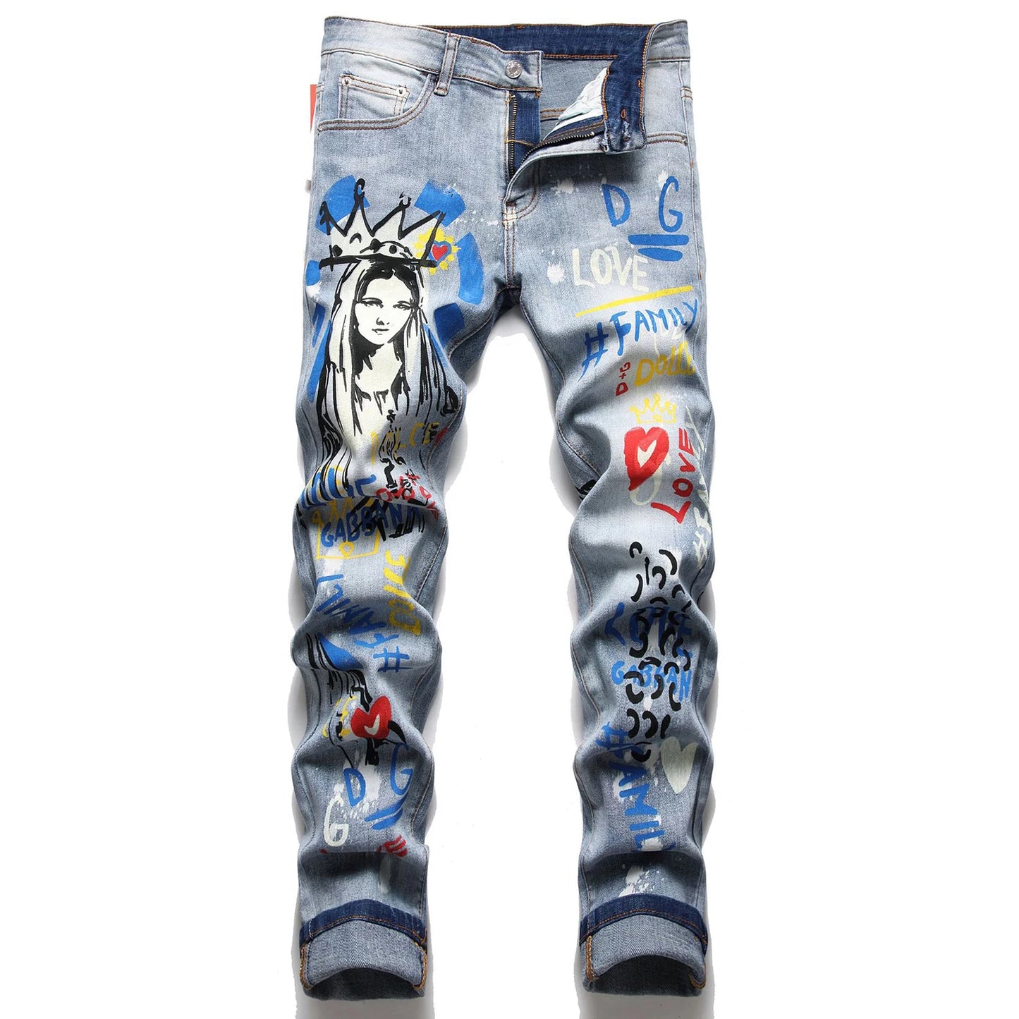 High Quality Men’s Slim-fit Blue Jeans,Light Luxury Hot Printed Decorating Sexy Jeans,Stylish Street Fashion Jeans;