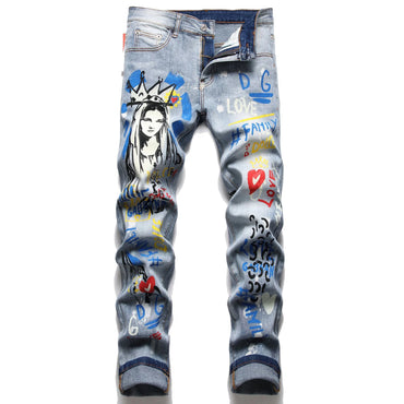 High Quality Men’s Slim-fit Blue Jeans,Light Luxury Hot Printed Decorating Sexy Jeans,Stylish Street Fashion Jeans;