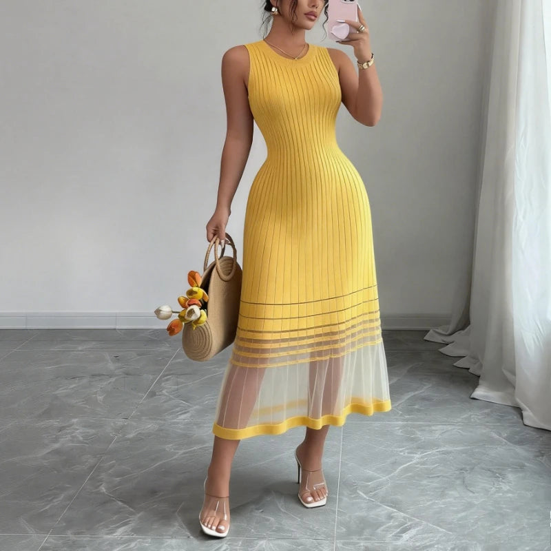 Women's Purple Ombre Sleeveless Crew Neck Mesh Elastic Knit Midi Dress with Sheer Hem Casual Summer Beach Vacation Party Dress