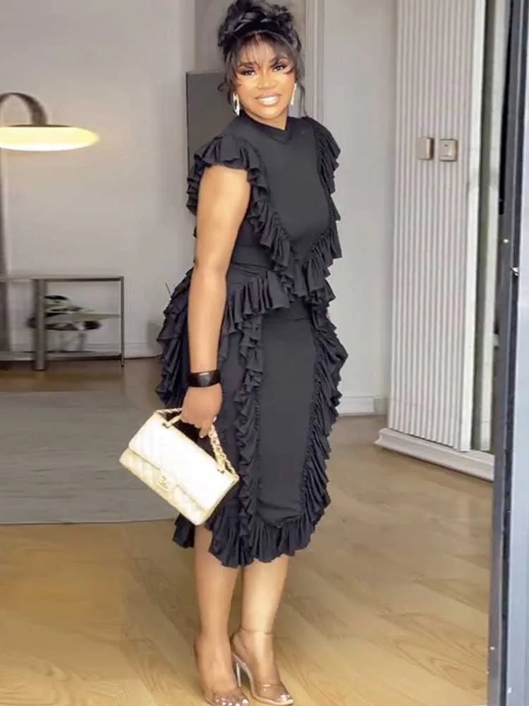 Female Clothing Slim Tank Top Dress Round Neck Casual Elegant Long Black Dress Ruched Knee Length Summer Dress Ladies