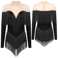 Rhinestone Tassel Leotard Dress for Women's Latin Jazz Dance Performance Clothes Ballroom Fringed Jazz Samba Tango Dresses