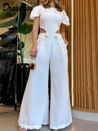 Drauuing Jumpsuit Women Side Hollow Out Loose Wide Leg Pant Elegant Jumpsuit White Sexy Short Sleeve Cut Out Jumpsuit Women