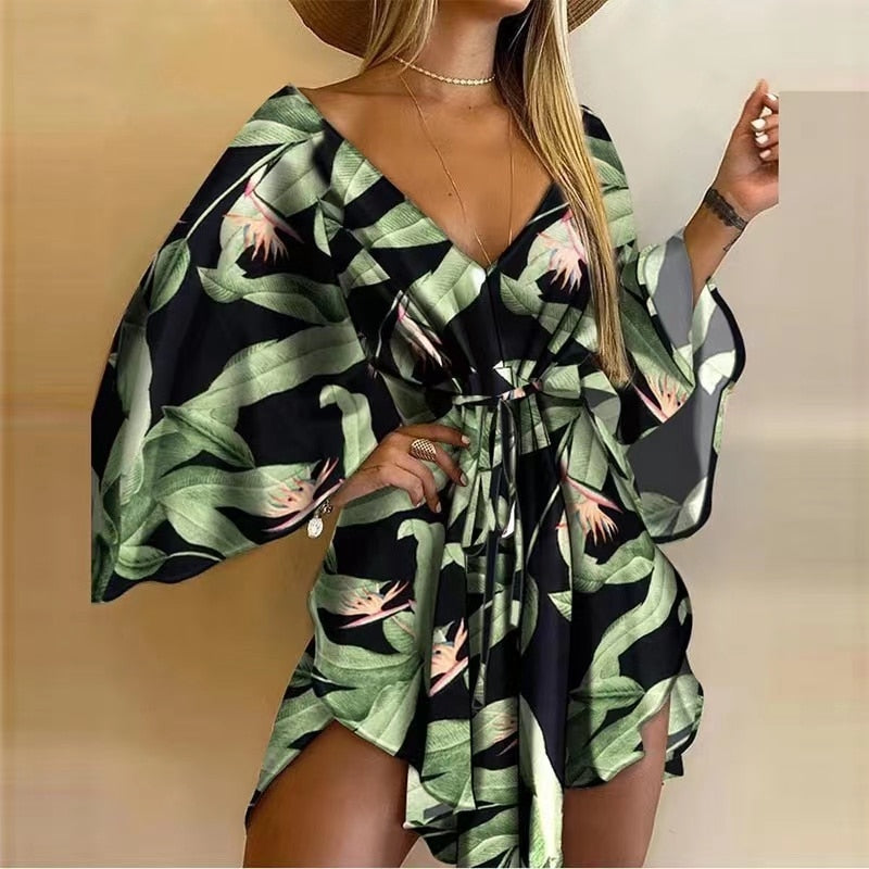 2023 New Summer Beach Elegant Dresses Women Sexy V Neck Lace-up Floral Print Mini Dress Casual Flared Sleeves Ladies Party Dress