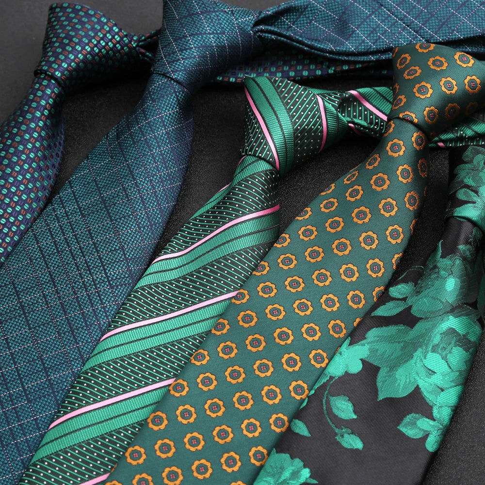 Luxury 8CM Mens Necktie Dark Green Color Dot Plaid Stripes Ties For Man Groom Jacquard Woven Neck Tie For Business Party