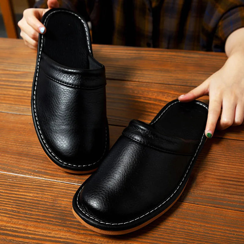 Indoor Leather Slippers Men Home Cheap Shoes 2025 Spring New Style Flat Mules High Quality Unisex House Slippers