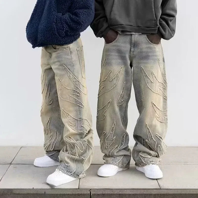 Men Baggy Aesthetic Streetwear Jeans Male Retro Fashion Wide Leg Denim Pants Graphic Embroidered Designer Hip Pop Denim Trousers