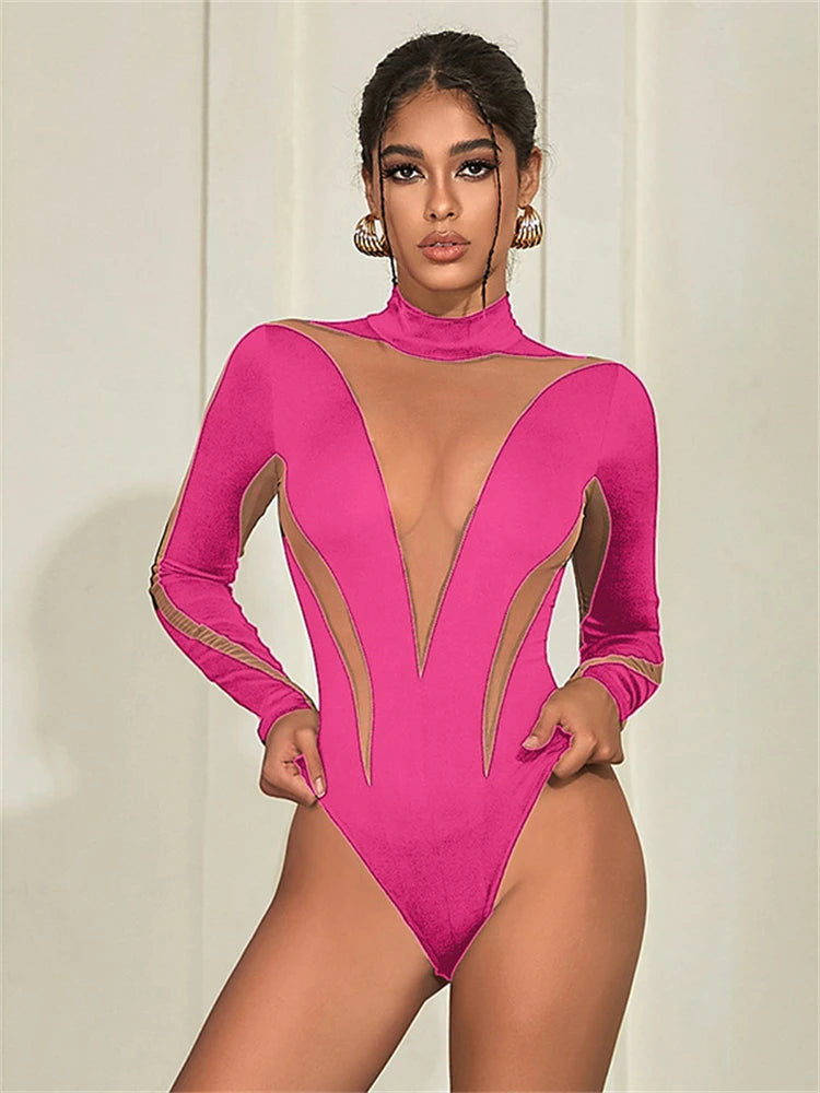 Kliou Mesh Patchwork Bodysuits Women Hipster Unique See Through Stand Collar Body-shaping Playsuit Female Casual Street Clothing