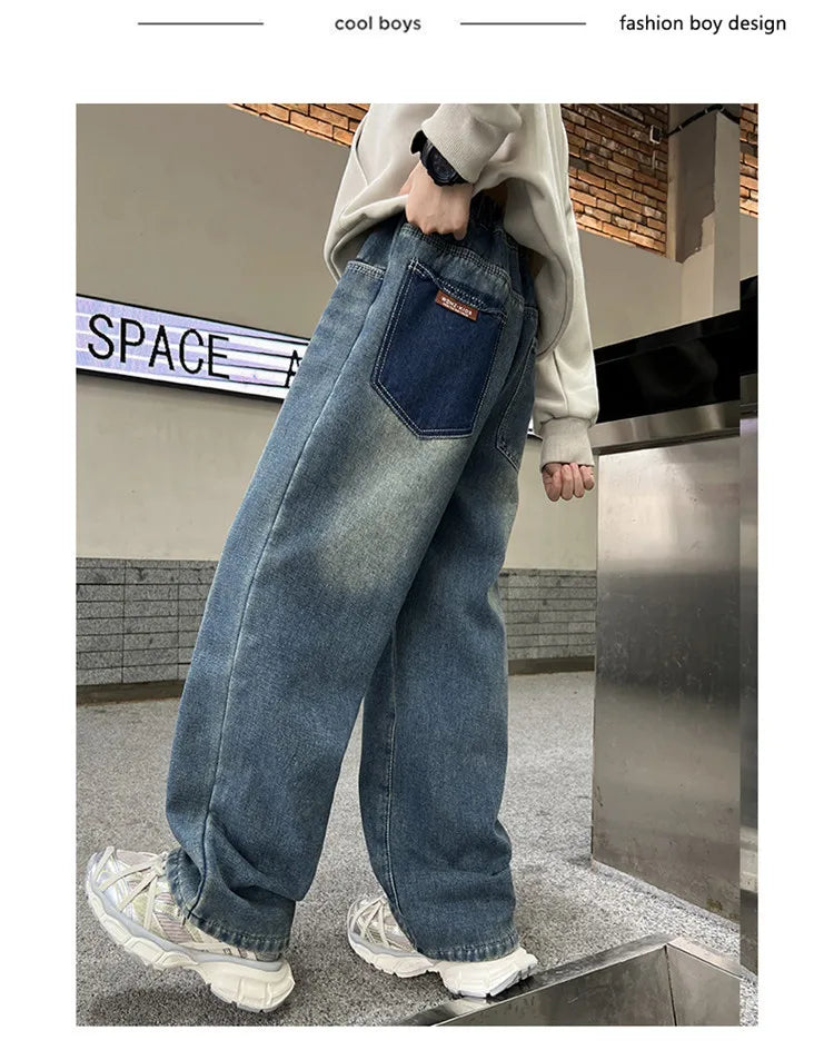 Boys Jeans 2024 Autumn&winter New Teenage Children Plus Fleece Warm Pants Boys Fried Street Handsome Pants Kids Denim Trousers