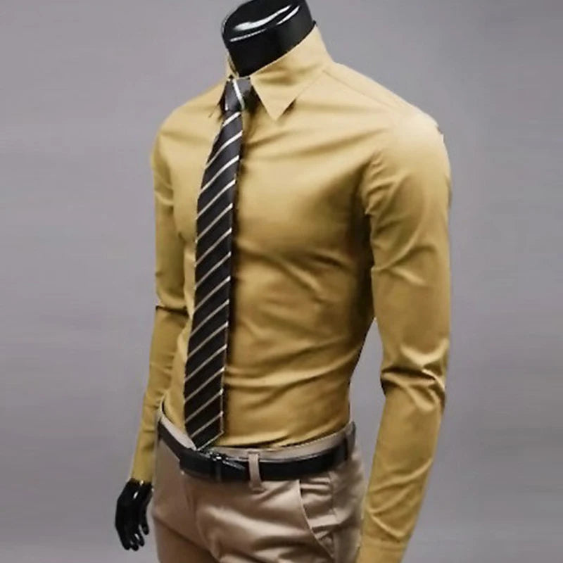 Men\'s Long Sleeve Button Up Shirts Solid Slim Fit Casual Business Formal Dress Shirt Suit for Wedding